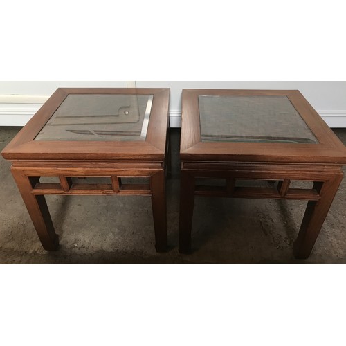 1299 - A pair of Chinese side tables with lattice work top under glass panels. 55 x 55cm x 56cm h.