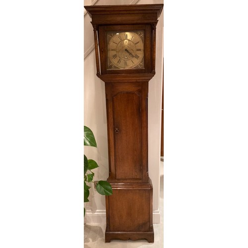 677 - An oak longcase clock with a square brass dial inscribed E Foster, Carlisle, roman numerals and date... 