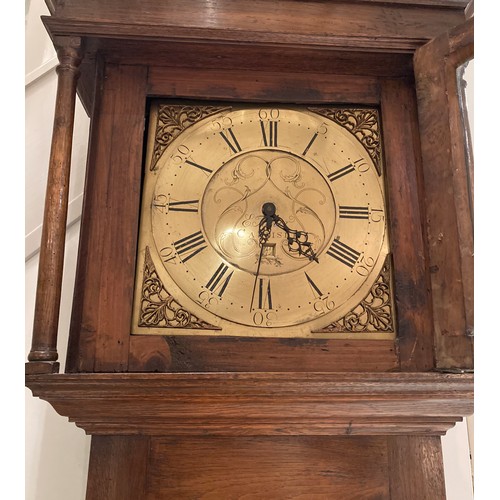 677 - An oak longcase clock with a square brass dial inscribed E Foster, Carlisle, roman numerals and date... 