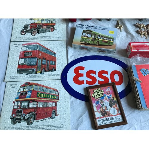 401 - A mixed collection to include 4 Transport Jigsaws, Plastic Clown, Small Poirot Doll, Porcelain Doll ... 