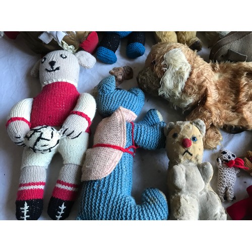 411 - Soft toy selection, composite headed doll, teddy bears, homemade woolen figures, Humpty Dumpty.