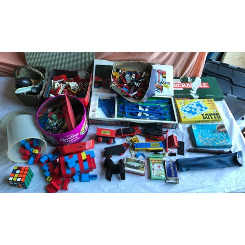 412 - Selection of playworn toys, Lego, Scrabble, Lotto, Jack Straws.