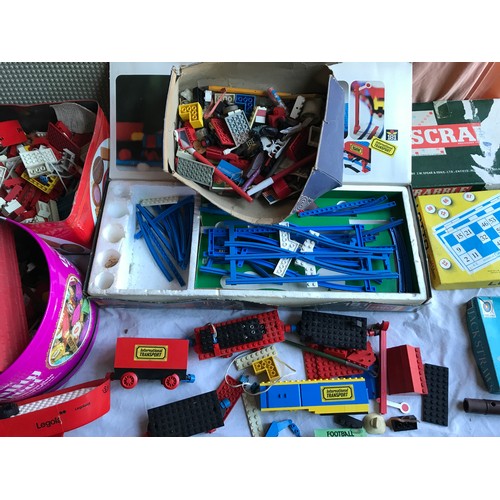 412 - Selection of playworn toys, Lego, Scrabble, Lotto, Jack Straws.