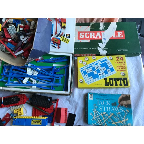 412 - Selection of playworn toys, Lego, Scrabble, Lotto, Jack Straws.