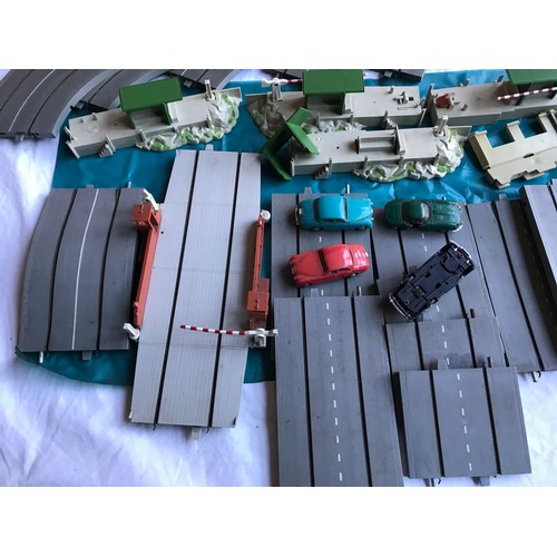 474 - Tri-ang Minic Motorway set, track and side buildings with 4 cars. Piers and Sea.