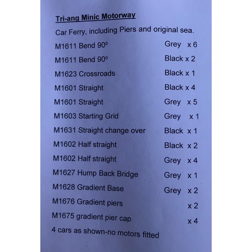 474 - Tri-ang Minic Motorway set, track and side buildings with 4 cars. Piers and Sea.