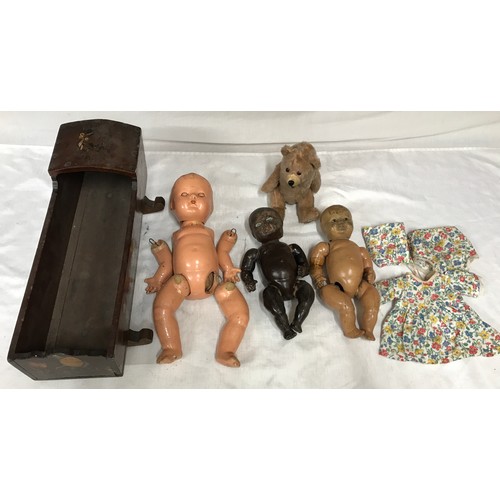 490 - Composite head and body dolls, 2 x 30cms h and one at 40cms h, a small teddy bear 23cms h, wooden do... 