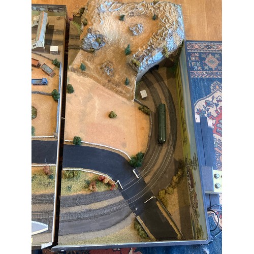 499 - A large custom built electric train track 187 x 125cm with scenery in 3 sections, a boxed Hornby OO ... 