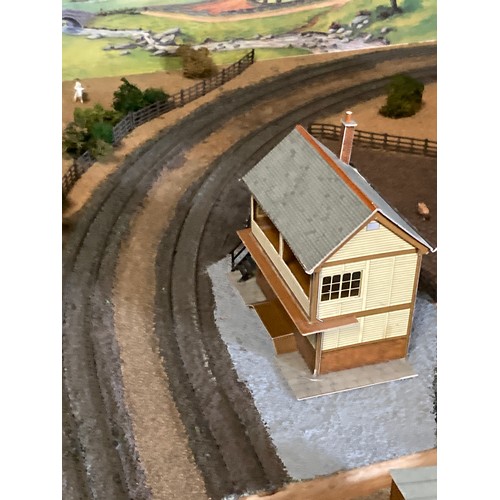 499 - A large custom built electric train track 187 x 125cm with scenery in 3 sections, a boxed Hornby OO ... 