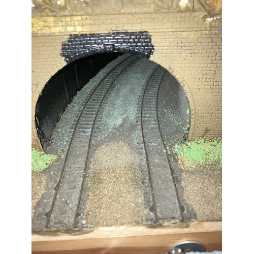 499 - A large custom built electric train track 187 x 125cm with scenery in 3 sections, a boxed Hornby OO ... 