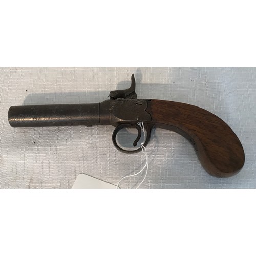 672 - Percussion cap fired single barrel pistol, turn off barrel 2 and 5/8 length, calibre approx .44. Pro... 