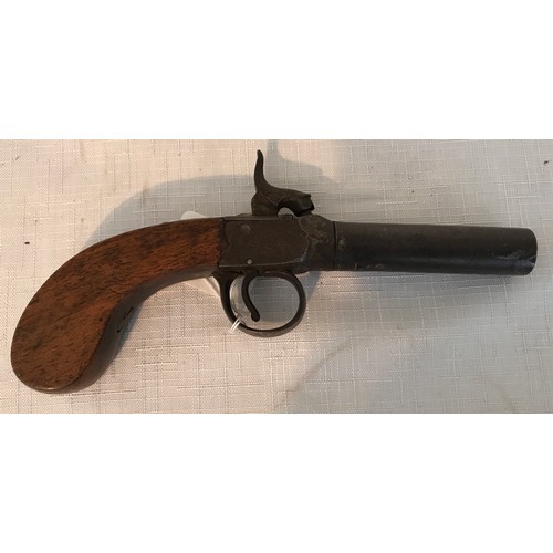 672 - Percussion cap fired single barrel pistol, turn off barrel 2 and 5/8 length, calibre approx .44. Pro... 