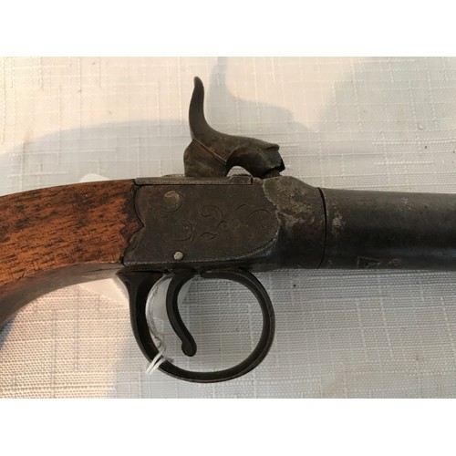 672 - Percussion cap fired single barrel pistol, turn off barrel 2 and 5/8 length, calibre approx .44. Pro... 