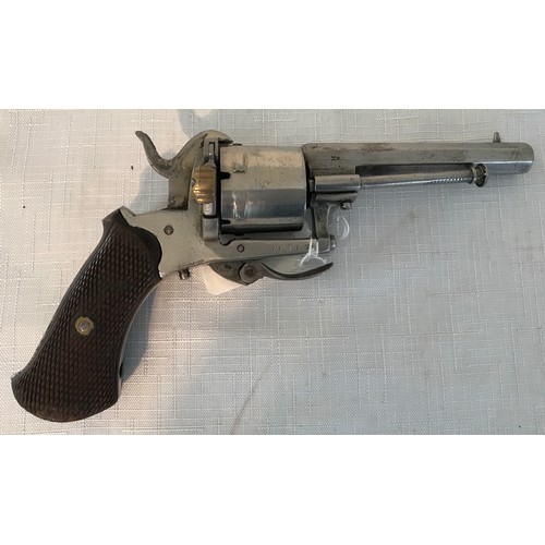 674 - Pinfire revolver, octagonal barrel with ramrod fitted below, six shot chamber, plated finish, wooden... 