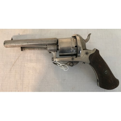 674 - Pinfire revolver, octagonal barrel with ramrod fitted below, six shot chamber, plated finish, wooden... 