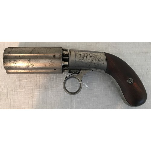 675 - Pepperbox revolver, 6 shot percussion fired, approx .44 calibre chambers of approx length 75mm, pain... 