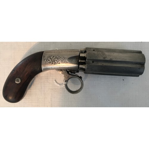 675 - Pepperbox revolver, 6 shot percussion fired, approx .44 calibre chambers of approx length 75mm, pain... 