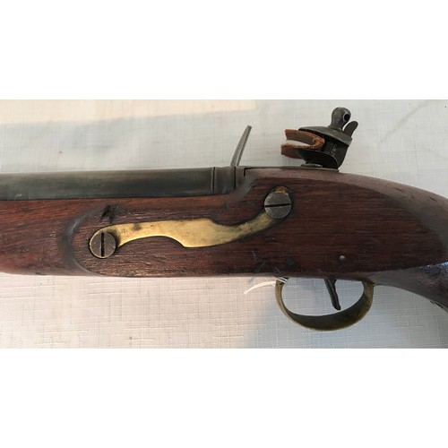 676 - Flintlock pistol with round 8.5'' barrel, fitted steel ramrod on swivel, brass furniture, brass grip... 