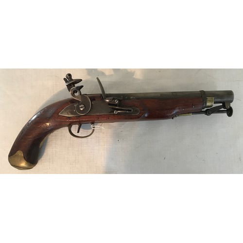 676 - Flintlock pistol with round 8.5'' barrel, fitted steel ramrod on swivel, brass furniture, brass grip... 