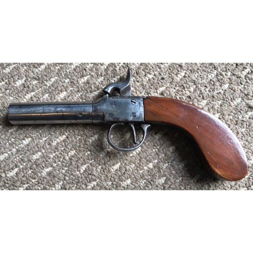 686 - Percussion single barrel pistol, turn off barrel, 6.5cms, marked to barrel, wooden grip, overall len... 