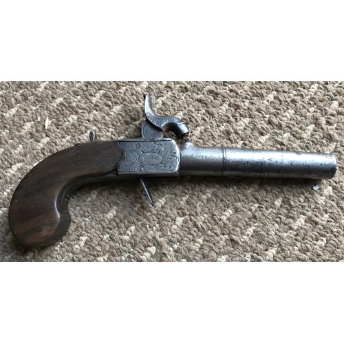 690 - Flintlock pistol, markings under barrel, folding trigger, dolphin pull lever, engraved to sides. Yor... 