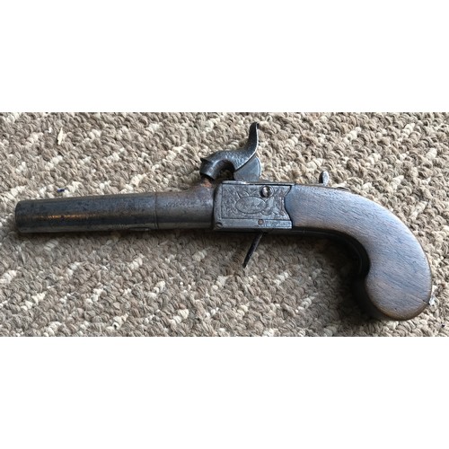 690 - Flintlock pistol, markings under barrel, folding trigger, dolphin pull lever, engraved to sides. Yor... 