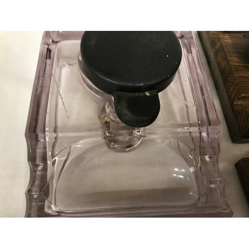 788 - Stationary, 4 x oak based inkwells with glass inkpots 11cms w x 7.5cms h and one glass inkwell 10cms... 