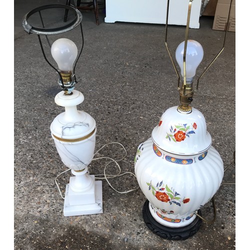 521 - Two table lamps, one white marble effect approx 43cms h, one Chinese pottery floral pattern approx 4... 