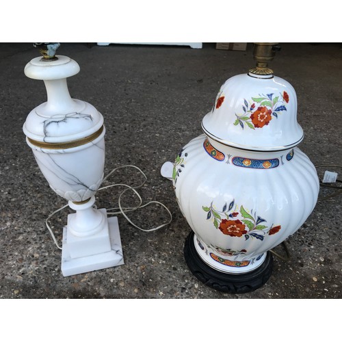 521 - Two table lamps, one white marble effect approx 43cms h, one Chinese pottery floral pattern approx 4... 