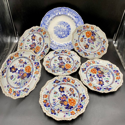 197 - Six 19thC stone china floral and gilt plates marked stone china 53 to back, 26cms d together with a ... 