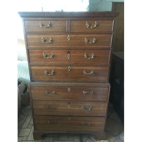 1228 - An 18thC oak chest on chest, two short drawers on bracket feet. 100 w base x 52 d x 167cms h.