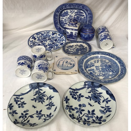 191 - A selection of blue and white pottery to include Willow pattern meat plates 27 and 18cm, dinner plat... 