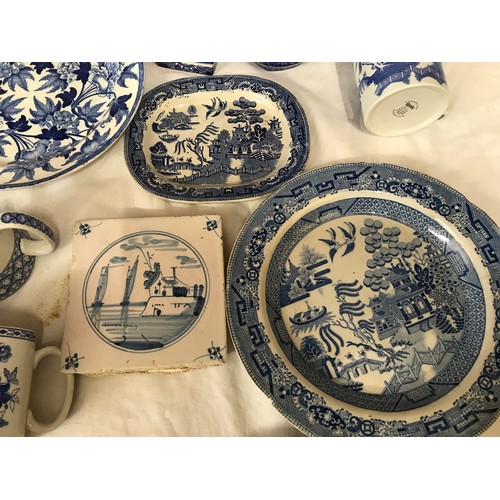 191 - A selection of blue and white pottery to include Willow pattern meat plates 27 and 18cm, dinner plat... 