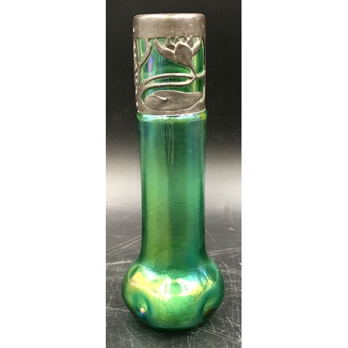 193 - An art nouveau lustre green glass vase with decorative metal top. 16cm h x approx. 5.5cm w.