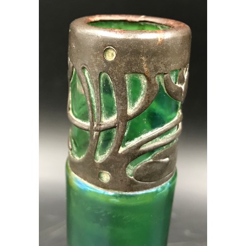 193 - An art nouveau lustre green glass vase with decorative metal top. 16cm h x approx. 5.5cm w.