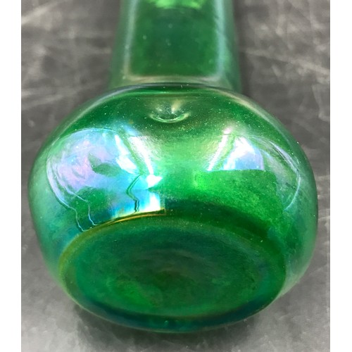 193 - An art nouveau lustre green glass vase with decorative metal top. 16cm h x approx. 5.5cm w.