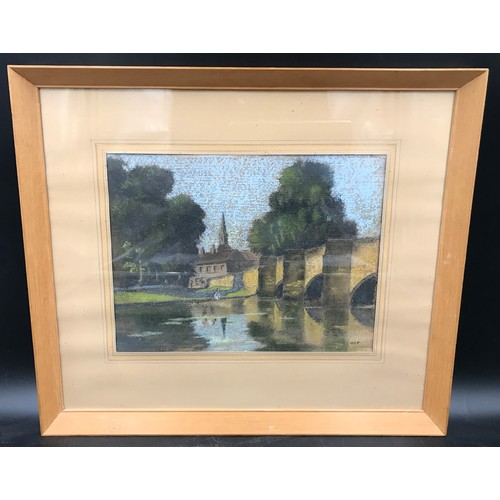 1078 - Geoffrey Ost, Sheffield artist, framed pastel of Bakewell bridge, picture size 22 x 28.5cm, frame 39... 