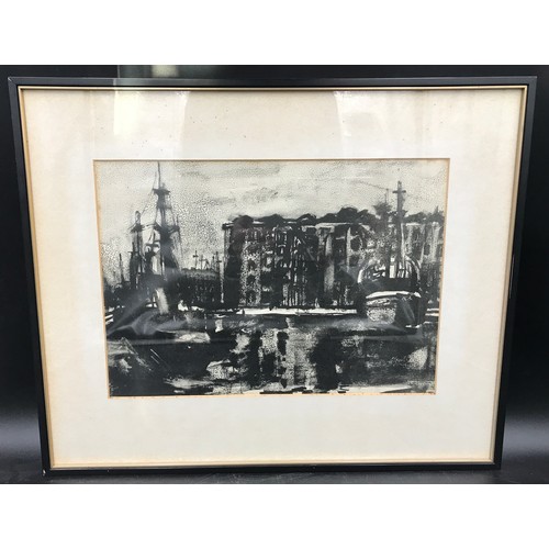 1064 - A framed ink print of industrial dock scene with warehouse. Unsigned. Picture 24.5 x 34.5cm. Frame 4... 