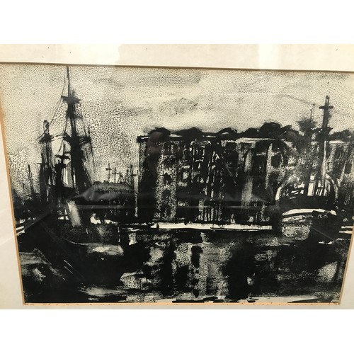 1064 - A framed ink print of industrial dock scene with warehouse. Unsigned. Picture 24.5 x 34.5cm. Frame 4... 