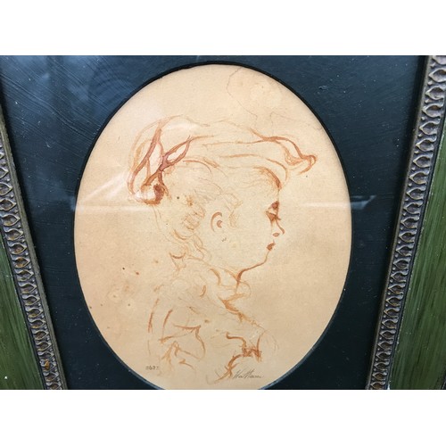 1065 - A framed sketch print after Watteau numbered 3632, an oval portrait of a lady. 20 x 15cm, frame 37 x... 