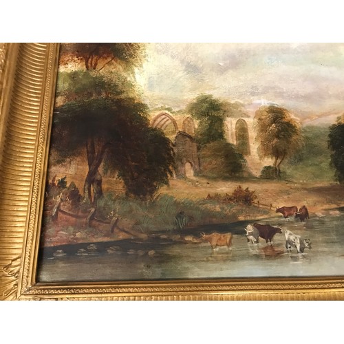 1067 - Oil on canvas of country scene with church ruins and cattle on a river bank in a gilt frame. 34.5 x ... 