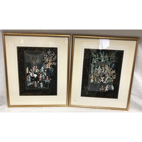 1068 - A pair of framed Indian paintings with floral panels and figures. Picture 33 x 25cm h. Frame 49 x 42... 