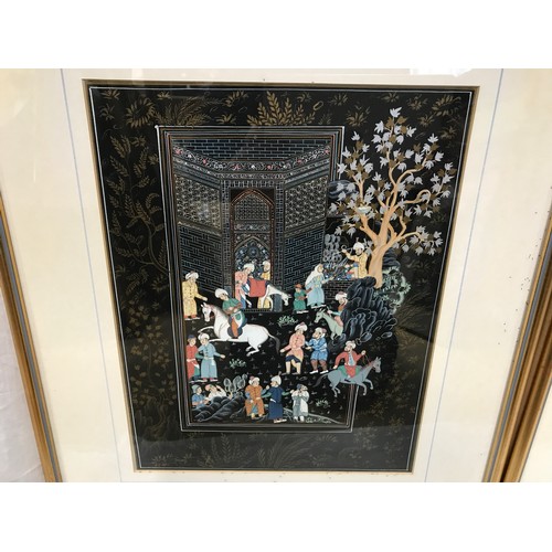 1068 - A pair of framed Indian paintings with floral panels and figures. Picture 33 x 25cm h. Frame 49 x 42... 