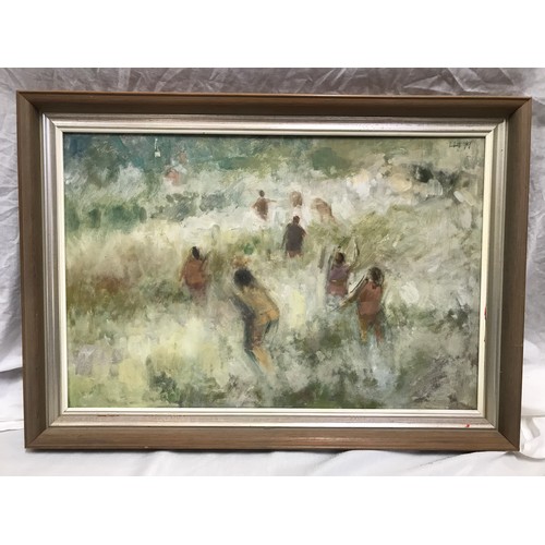 1069 - Oil on board of bathers by Lawrence Leifchild Toynbee 1922-2002, monogram signed LLT 79. 40.5 x 61cm... 