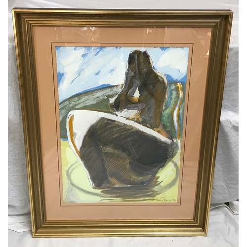 1071 - A framed painting of an abstract nude sculpture 'Flint Figure' by Davd Imms 1984 in watercolour and ... 