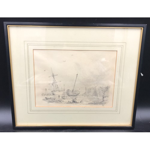 1073 - Framed pencil drawing, initial signed indistinct, coastal scene with sail boats and figures on a bea... 