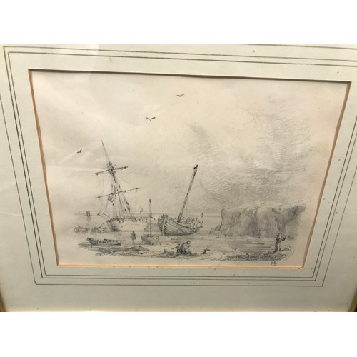 1073 - Framed pencil drawing, initial signed indistinct, coastal scene with sail boats and figures on a bea... 