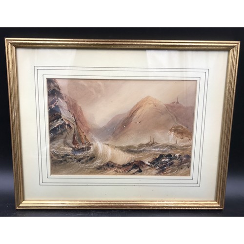 1074 - Gilt framed watercolour H.B. Carter, Fishing Boat in a Rough Sea, picture size 16.5cm h x 24.5cm w. ... 