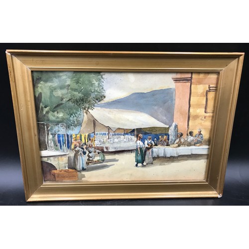 1075 - Small gilt framed watercolour, Bradford Jarvis, The Market at Orta, Lake Orta Italy, picture size 20... 