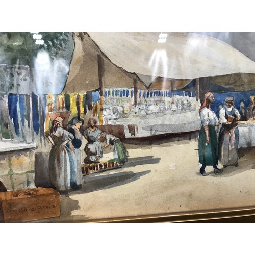 1075 - Small gilt framed watercolour, Bradford Jarvis, The Market at Orta, Lake Orta Italy, picture size 20... 